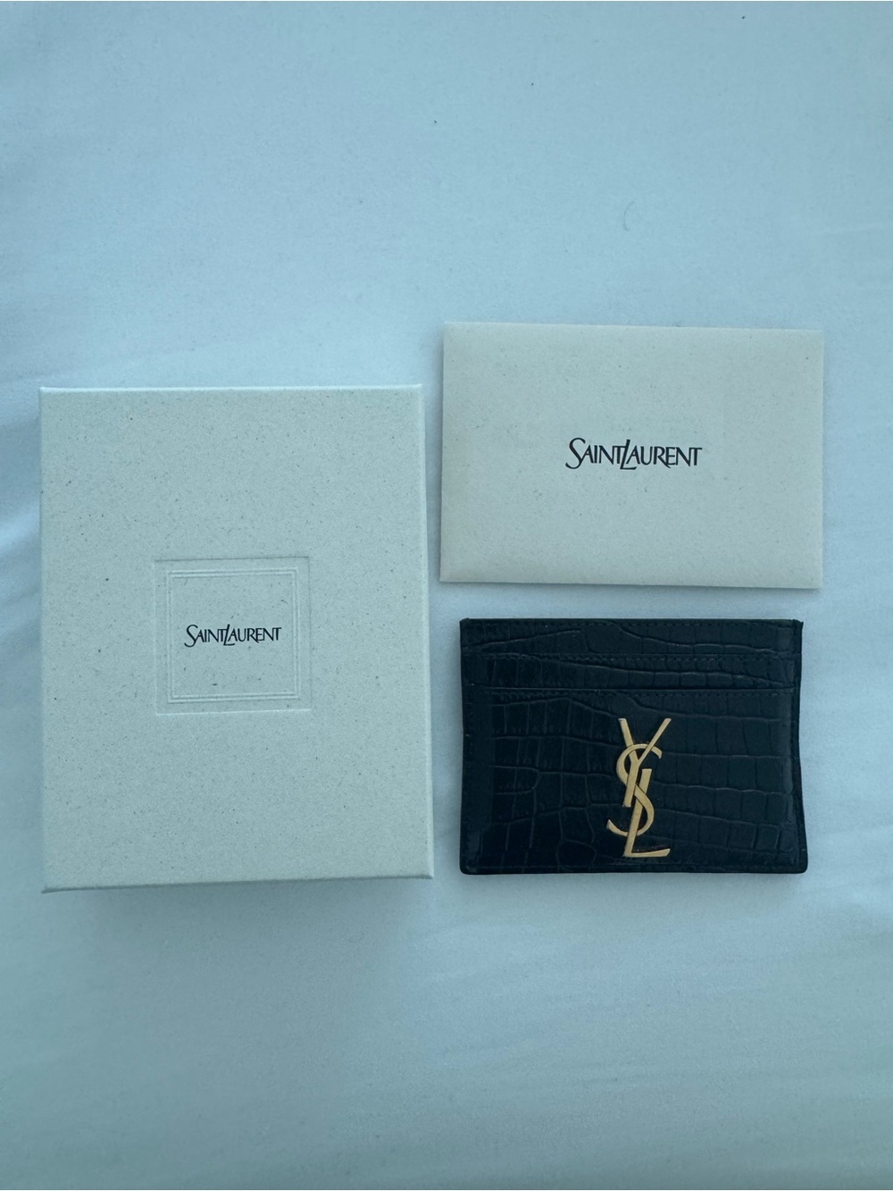 Saint Laurent Black Croc-Embossed Leather Card Holder with Gold YSL Logo
